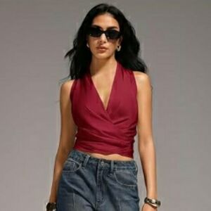 Satin Wrap Ruched Tie Side Tank Deep V Neck Sleeveless Blouse Red